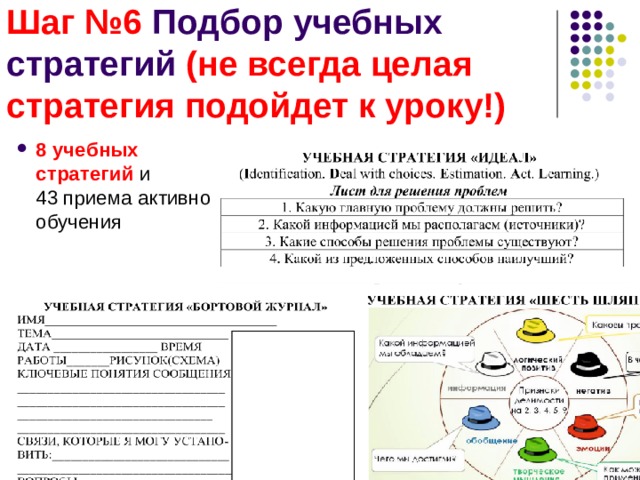 Шаг №6 Подбор учебных стратегий (не всегда целая стратегия подойдет к уроку!) 8 учебных стратегий и 43 приема активного обучения 