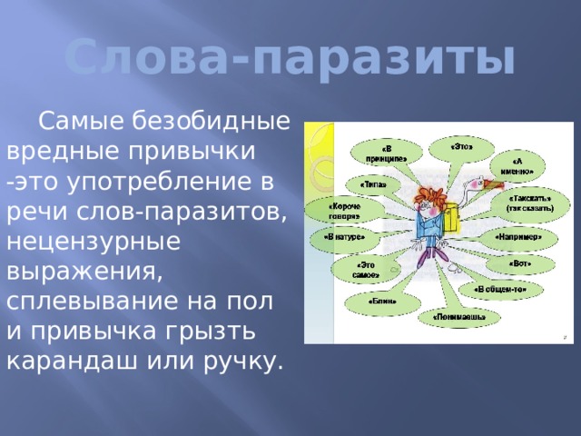 Слова-паразиты  Самые безобидные вредные привычки -это употребление в речи слов-паразитов, нецензурные выражения, сплевывание на пол и привычка грызть карандаш или ручку. 