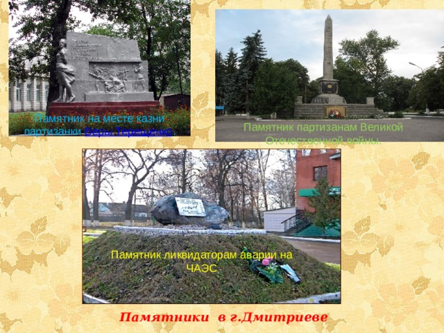Памятник на месте казни партизанки  Веры Терещенко . Памятник ликвидаторам аварии на ЧАЭС Памятник партизанам Великой Отечественной войны. Памятники в г.Дмитриеве 