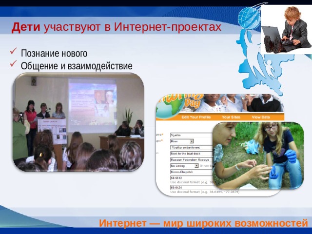 Дети  участвуют в Интернет-проектах Познание нового Общение и взаимодействие Интернет — мир широких возможностей   