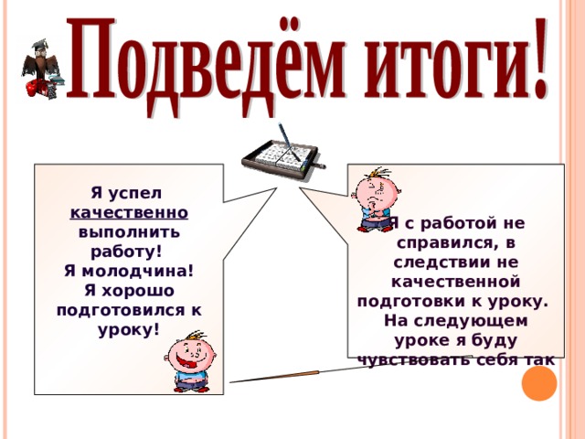 Я успел качественно выполнить работу! Я молодчина! Я хорошо подготовился к уроку!      Я с работой не справился, в следствии не качественной подготовки к уроку. На следующем уроке я буду чувствовать себя так