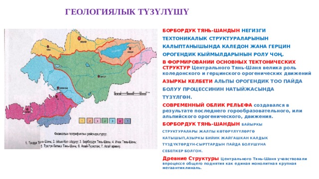  ГЕОЛОГИЯЛЫК ТҮЗҮЛҮШҮ БОРБОРДУК ТЯНЬ-ШАНДЫН НЕГИЗГИ ТЕХТОНИКАЛЫК СТРУКТУРАЛАРЫНЫН КАЛЫПТАНЫШЫНДА КАЛЕДОН ЖАНА ГЕРЦИН ОРОГЕНДИК КЫЙМЫЛДАРЫНЫН РОЛУ ЧОҢ. В ФОРМИРОВАНИИ ОСНОВНЫХ ТЕКТОНИЧЕСКИХ СТРУКТУР Центрального Тянь-Шаня велика роль коледонского и герцинского орогенических движений АЗЫРКЫ КЕЛБЕТИ АЛЬПЫ ОРОГЕНДИК ТОО ПАЙДА БОЛУУ ПРОЦЕССИНИН НАТЫЙЖАСЫНДА ТҮЗҮЛГӨН. СОВРЕМЕННЫЙ ОБЛИК РЕЛЬЕФА создавался в результате последнего горообразовательного, или альпийского орогенического, движения. БОРБОРДУК ТЯНЬ-ШАНДЫН БАЙЫРКЫ СТРУКТУРАЛАРЫ ЖАЛПЫ КӨТӨРҮЛҮҮЛӨРГӨ КАТЫШЫП,АЗЫРКЫ БИЙИК ЖАЙГАШКАН КАЛДЫК ТҮЗДҮКТӨРДҮН-СЫРТТАРДЫН ПАЙДА БОЛУШУНА СЕБЕПКЕР БОЛГОН. Древние Структуры Центрального Тянь-Шаня учавствовали впроцессе общего поднятия как единая монолитная крупная мегаантиклиналь. 