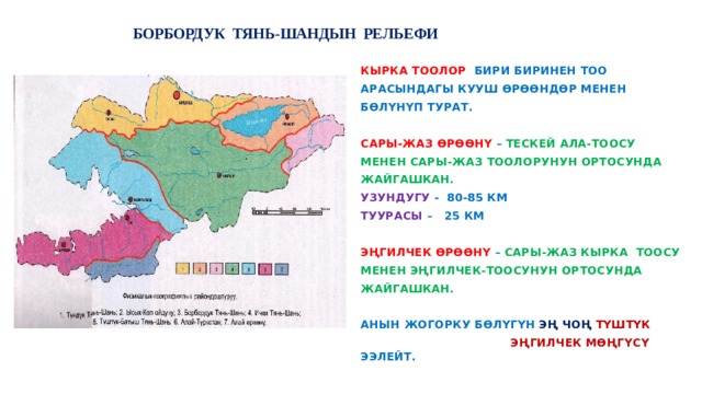  БОРБОРДУК ТЯНЬ-ШАНДЫН РЕЛЬЕФИ КЫРКА ТООЛОР БИРИ БИРИНЕН ТОО АРАСЫНДАГЫ КУУШ ӨРӨӨНДӨР МЕНЕН БӨЛҮНҮП ТУРАТ.  САРЫ-ЖАЗ ӨРӨӨНҮ – ТЕСКЕЙ АЛА-ТООСУ МЕНЕН САРЫ-ЖАЗ ТООЛОРУНУН ОРТОСУНДА ЖАЙГАШКАН. УЗУНДУГУ - 80-85 КМ ТУУРАСЫ – 25 КМ  ЭҢГИЛЧЕК ӨРӨӨНҮ – САРЫ-ЖАЗ КЫРКА ТООСУ МЕНЕН ЭҢГИЛЧЕК-ТООСУНУН ОРТОСУНДА ЖАЙГАШКАН.  АНЫН ЖОГОРКУ БӨЛҮГҮН ЭҢ ЧОҢ ТҮШТҮК  ЭҢГИЛЧЕК МӨҢГҮСҮ ЭЭЛЕЙТ. 