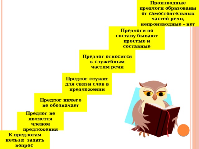 Производные предлоги образованы от самостоятельных частей речи, непроизводные - нет Предлоги по составу бывают простые и составные Предлог относится к служебным частям речи Предлог служит для связи слов в предложении Предлог ничего не обозначает Предлог не является членом предложения К предлогам нельзя задать вопрос . 