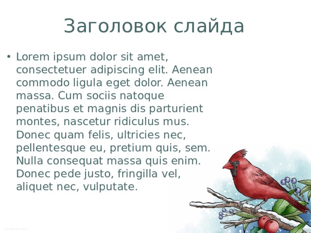 Заголовок слайда Lorem ipsum dolor sit amet, consectetuer adipiscing elit. Aenean commodo ligula eget dolor. Aenean massa. Cum sociis natoque penatibus et magnis dis parturient montes, nascetur ridiculus mus. Donec quam felis, ultricies nec, pellentesque eu, pretium quis, sem. Nulla consequat massa quis enim. Donec pede justo, fringilla vel, aliquet nec, vulputate. 