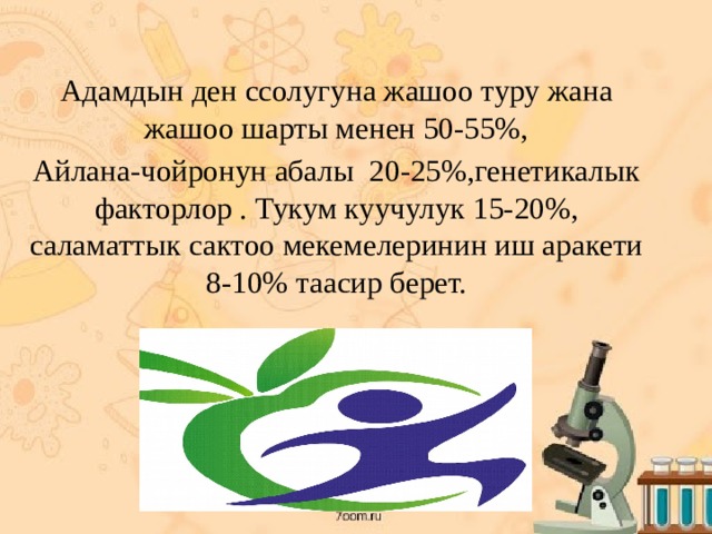 Адамдын ден ссолугуна жашоо туру жана жашоо шарты менен 50-55%, Айлана-чойронун абалы 20-25%,генетикалык факторлор . Тукум куучулук 15-20%, саламаттык сактоо мекемелеринин иш аракети 8-10% таасир берет. 