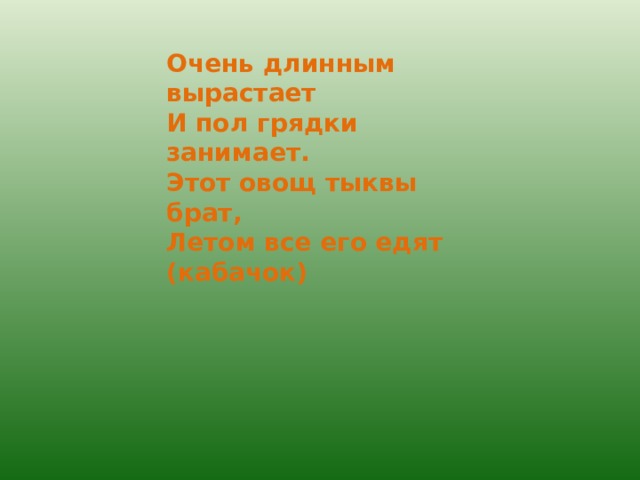 Очень длинным вырастает И пол грядки занимает. Этот овощ тыквы брат, Летом все его едят (кабачок) 