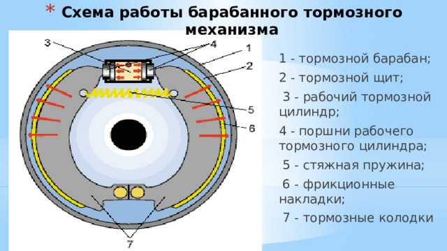 Схема работы барабанного тормозного механизма 1 - тормозной барабан; 2 - тормозной щит;  3 - рабочий тормозной цилиндр; 4 - поршни рабочего тормозного цилиндра;  5 - стяжная пружина;  6 - фрикционные накладки;  7 - тормозные колодки 