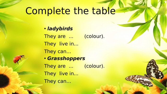 Complete the table ladybirds They are … (colour). They live in… They can… Grasshoppers They are … (colour). They live in… They can… 