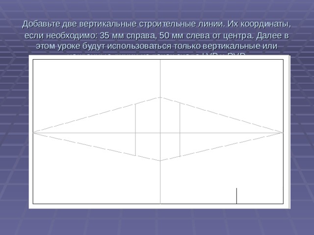 Добавьте две вертикальные строительные линии. Их координаты,  если необходимо: 35 мм справа, 50 мм слева от центра. Далее в этом уроке будут использоваться только вертикальные или наклонные линии из точек схода LVP и RVP.   