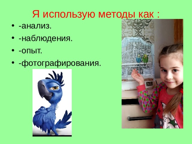Я использую методы как : -анализ. -наблюдения. -опыт. -фотографирования. 
