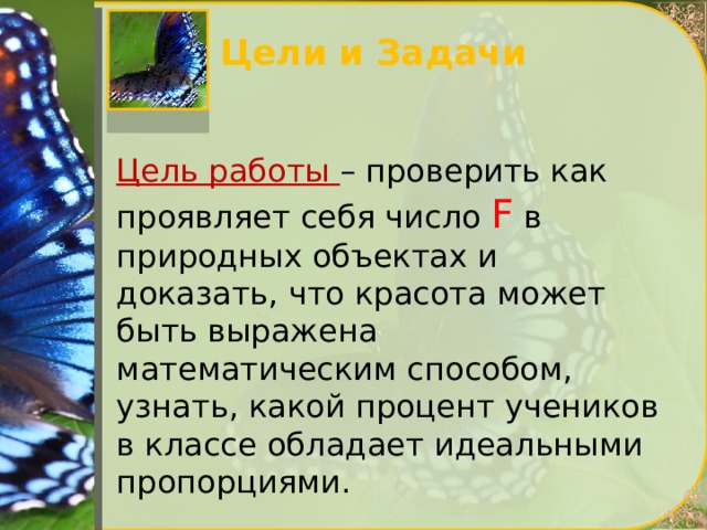 Цели и Задачи Цель работы – проверить как проявляет себя число F в природных объектах и доказать, что красота может быть выражена математическим способом, узнать, какой процент учеников в классе обладает идеальными пропорциями. 