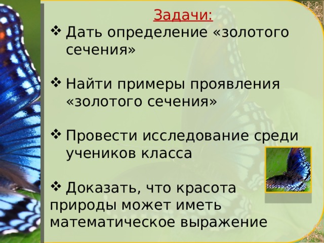 Задачи: Дать определение «золотого сечения» Найти примеры проявления «золотого сечения» Провести исследование среди учеников класса Доказать, что красота природы может иметь математическое выражение 