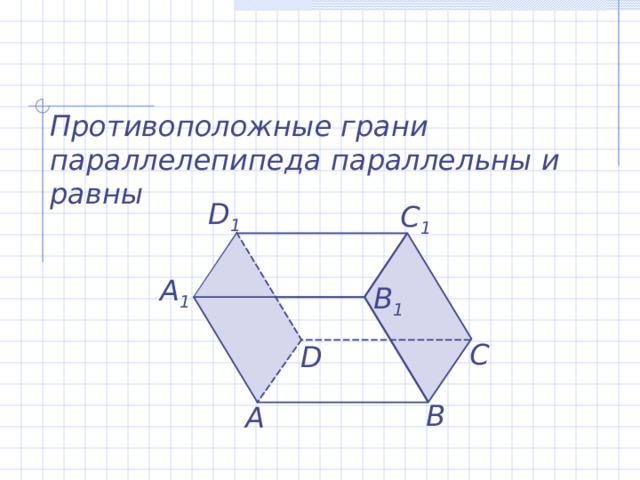 Противоположные грани параллелепипеда параллельны и равны D 1 C 1 А 1 B 1 С D В А 