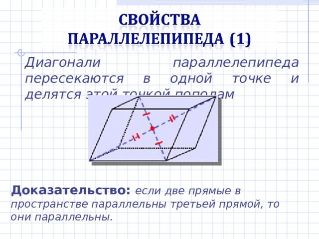 Диагонали параллелепипеда пересекаются в одной точке и делятся этой точкой пополам Доказательство: если две прямые в пространстве параллельны третьей прямой, то они параллельны. 