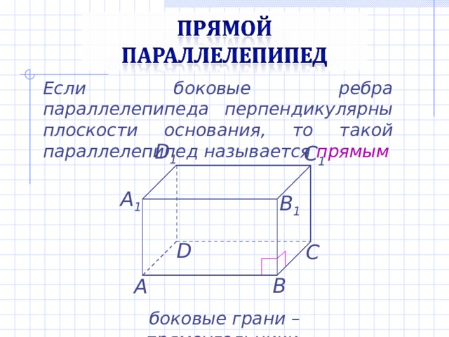 Если боковые ребра параллелепипеда перпендикулярны плоскости основания, то такой параллелепипед называется прямым D 1 C 1 А 1 B 1 D С В А боковые грани – прямоугольники 