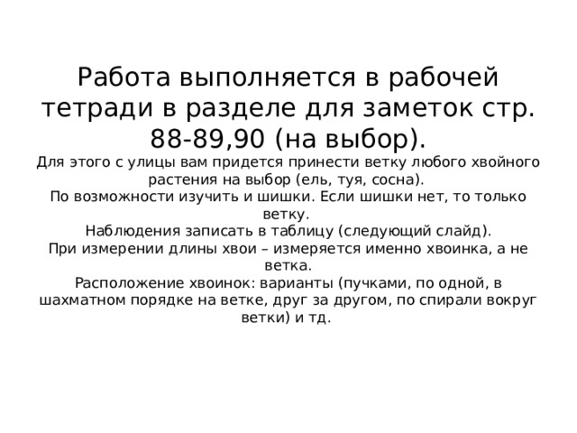  Работа выполняется в рабочей тетради в разделе для заметок стр. 88-89,90 (на выбор).  Для этого с улицы вам придется принести ветку любого хвойного растения на выбор (ель, туя, сосна).  По возможности изучить и шишки. Если шишки нет, то только ветку.  Наблюдения записать в таблицу (следующий слайд).  При измерении длины хвои – измеряется именно хвоинка, а не ветка.  Расположение хвоинок: варианты (пучками, по одной, в шахматном порядке на ветке, друг за другом, по спирали вокруг ветки) и тд.     