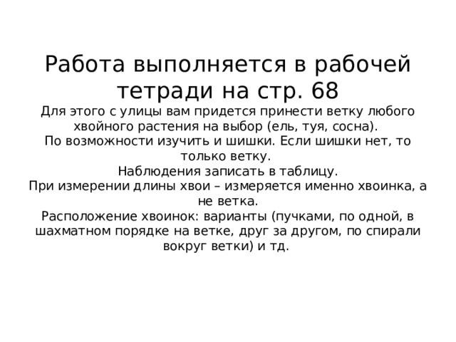  Работа выполняется в рабочей тетради на стр. 68  Для этого с улицы вам придется принести ветку любого хвойного растения на выбор (ель, туя, сосна).  По возможности изучить и шишки. Если шишки нет, то только ветку.  Наблюдения записать в таблицу.  При измерении длины хвои – измеряется именно хвоинка, а не ветка.  Расположение хвоинок: варианты (пучками, по одной, в шахматном порядке на ветке, друг за другом, по спирали вокруг ветки) и тд.     