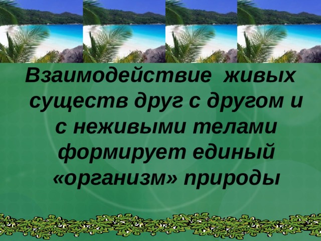 Взаимодействие живых существ друг с другом и с неживыми телами формирует единый «организм» природы 