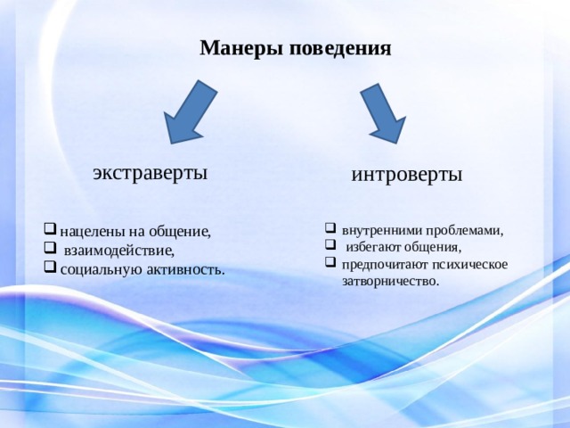 Манеры поведения экстраверты интроверты нацелены на общение,  взаимодействие, социальную активность. внутренними проблемами,  избегают общения, предпочитают психическое затворничество. 