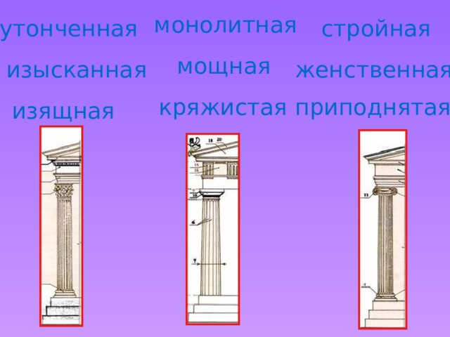 монолитная утонченная стройная мощная изысканная женственная кряжистая приподнятая изящная 