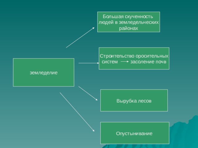 Большая скученность людей в земледельческих районах Строительство оросительных систем засоление почв земледелие Вырубка лесов Опустынивание 