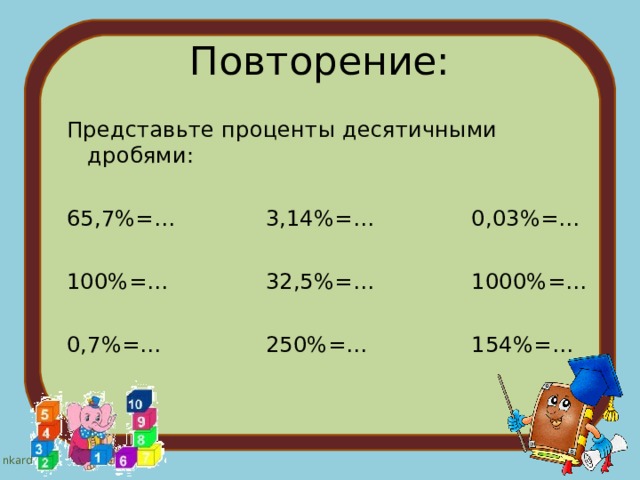 Повторение: Представьте проценты десятичными дробями: 65,7%=… 3,14%=… 0,03%=… 100%=… 32,5%=… 1000%=… 0,7%=… 250%=… 154%=… 