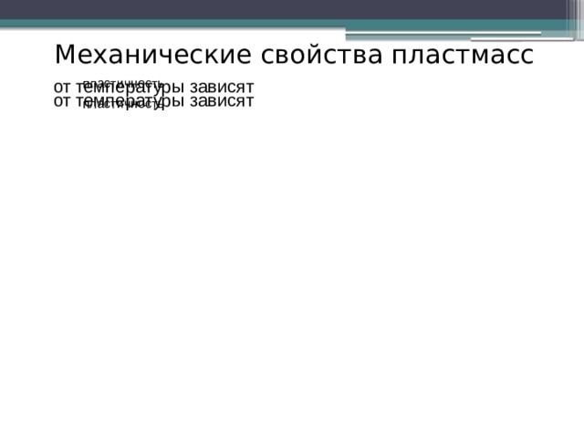 хуже сопротивляются растяжению, чем сжатию хуже сопротивляются растяжению, чем сжатию от вида воздействия от вида воздействия Механические свойства пластмасс от температуры зависят пластичность от температуры зависят пластичность от повышения скорости деформирования повышается жесткость от повышения скорости деформирования возрастает склонность к хрупкому разрушению возрастает склонность к хрупкому разрушению повышается жесткость уменьшение прочности и появляется ползучесть от длительности от длительности уменьшение прочности и появляется ползучесть 