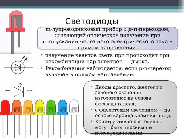 Светодиоды полупроводниковый прибор с р-n -переходом, создающий оптическое излучение при пропускании через него электрического тока в прямом направлении. излучение квантов света при происходит при рекомбинации пар электрон — дырка. Рекомбинация наблюдается, если р- n -переход включен в прямом направлении. Диоды красного, желтого и зеленого свечения изготовляют на основе фосфида галлия, с фиолетовым свечением — на основе карбида кремния и т. д. Конструктивно светодиоды могут быть плоскими и полусферическими. 