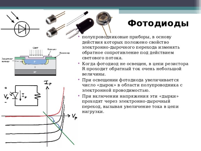 Фотодиоды полупроводниковые приборы, в основу действия которых положено свойство электронно-дырочного перехода изменять обратное сопротивление под действием светового потока. Когда фотодиод не освещен, в цепи резистора R проходит обратный ток очень небольшой величины. При освещении фотодиода увеличивается число «дырок» в области полупроводника с электронной проводимостью. При включении напряжения эти «дырки» проходят через электронно-дырочный переход, вызывая увеличение тока в цепи нагрузки.      