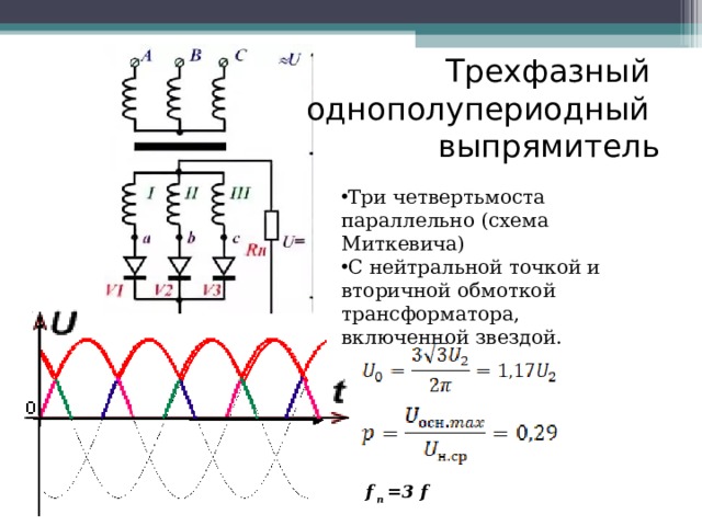 Трехфазный  однополупериодный  выпрямитель Три четвертьмоста параллельно (схема Миткевича) С нейтральной точкой и вторичной обмоткой трансформатора, включенной звездой.  f  п =3 f  