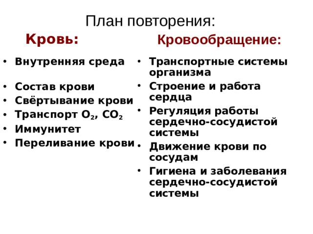 План повторения: Кровь: Кровообращение: Внутренняя среда Состав крови Свёртывание крови Транспорт O 2 , CO 2 Иммунитет Переливание крови   Транспортные системы организма Строение и работа сердца Регуляция работы сердечно-сосудистой системы Движение крови по сосудам Гигиена и заболевания сердечно-сосудистой системы     