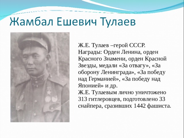 Ж.Е. Тулаев –герой СССР. Награды: Орден Ленина, орден Красного Знамени, орден Красной Звезды, медали «За отвагу», «За оборону Ленинграда», «За победу над Германией», «За победу над Японией» и др. Ж.Е. Тулаевым лично уничтожено 313 гитлеровцев, подготовлено 33 снайпера, сразивших 1442 фашиста. 