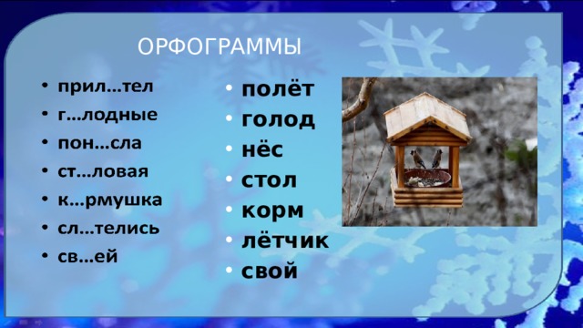 Орфограммы полёт голод нёс стол корм лётчик свой 