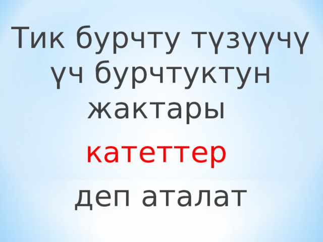 Тик бурчту түзүүчү үч бурчтуктун жактары катеттер  деп аталат 