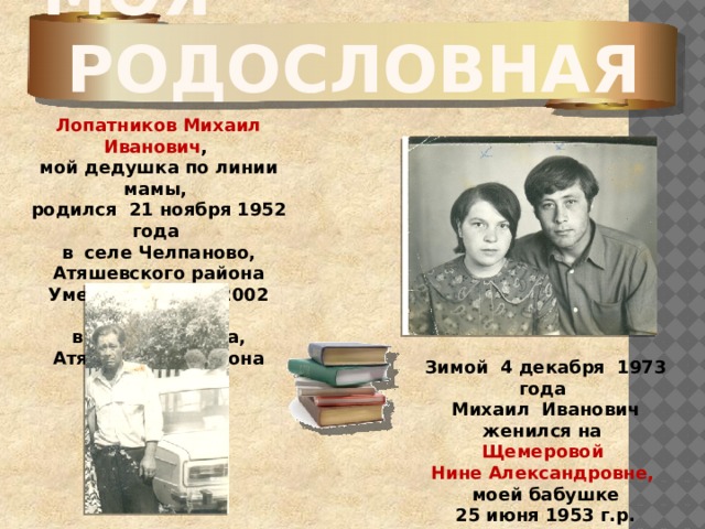 Моя родословная Лопатников Михаил Иванович , мой дедушка по линии мамы, родился 21 ноября 1952 года в селе Челпаново, Атяшевского района Умер 8 августа 2002 года в селе Козловка, Атяшевского района (товаровед ) Зимой 4 декабря 1973 года Михаил Иванович женился на Щемеровой Нине Александровне, моей бабушке 25 июня 1953 г.р. (медсестра) 