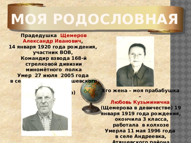 Моя родословная Прадедушка Щемеров Александр Иванович , 14 января 1920 года рождения, участник ВОВ, Командир взвода 168-й стрелковой дивизии миномётного полка Умер 27 июля 2005 года в селе Андреевка Атяшевского района (ветфельдшер) Его жена – моя прабабушка – Любовь Кузьминична (Щемерова в девичестве) 19 января 1919 года рождения, окончила 3 класса, работала в колхозе Умерла 11 мая 1996 года в селе Андреевка, Атяшевского района (колхозница) 