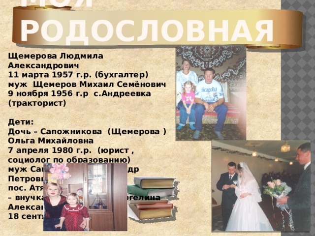 Моя родословная Щемерова Людмила Александрович 11 марта 1957 г.р. (бухгалтер) муж Щемеров Михаил Семёнович 9 ноября 1956 г.р с.Андреевка (тракторист)  Дети: Дочь – Сапожникова (Щемерова ) Ольга Михайловна 7 апреля 1980 г.р. (юрист , социолог по образованию) муж Сапожников Александр Петрович пос. Атяшево (водитель) – внучка– Сапожникова Ангелина Александровна 18 сентября 2004 г.р.           