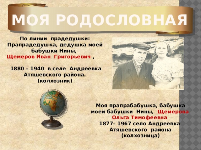 Моя родословная По линии прадедушки: Прапрадедушка, дедушка моей бабушки Нины, Щемеров Иван Григорьевич ,  1880 – 1940 в селе Андреевка Атяшевского района. (колхозник) Моя прапрабабушка, бабушка моей бабушки Нины, Щемерова Ольга Тимофеевна 1877– 1967 село Андреевка Атяшевского района (колхозница) 