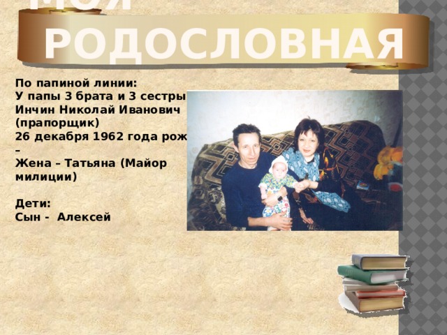 Моя родословная По папиной линии: У папы 3 брата и 3 сестры Инчин Николай Иванович (прапорщик) 26 декабря 1962 года рождения – Жена – Татьяна (Майор милиции)  Дети: Сын - Алексей 