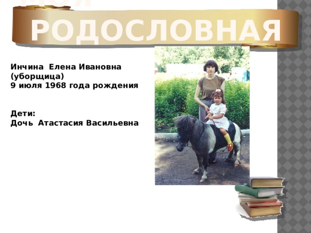 Моя родословная  Инчина Елена Ивановна (уборщица) 9 июля 1968 года рождения   Дети: Дочь Атастасия Васильевна    