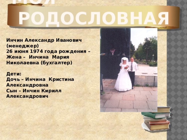 Моя родословная  Инчин Александр Иванович (менеджер) 26 июня 1974 года рождения – Жена – Инчина Мария Николаевна (бухгалтер)  Дети: Дочь – Инчина Кристина Александровна Сын – Инчин Кирилл Александрович 