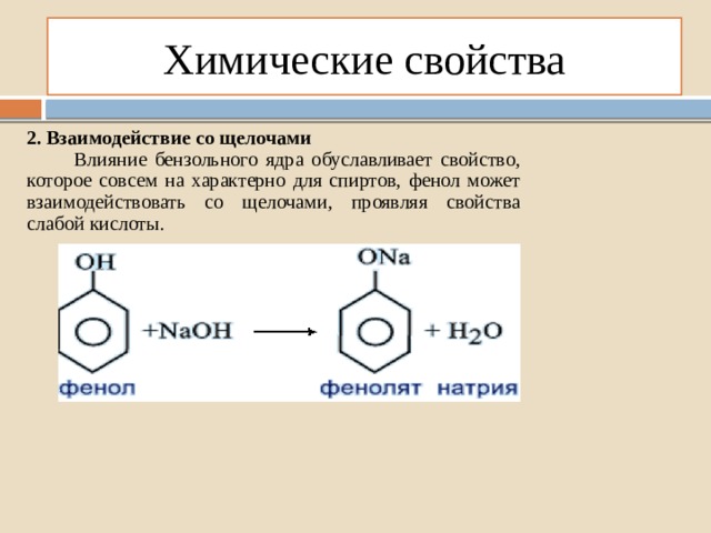 Химические свойства 2. Взаимодействие со щелочами  Влияние бензольного ядра обуславливает свойство, которое совсем на характерно для спиртов, фенол может взаимодействовать со щелочами, проявляя свойства слабой кислоты. 