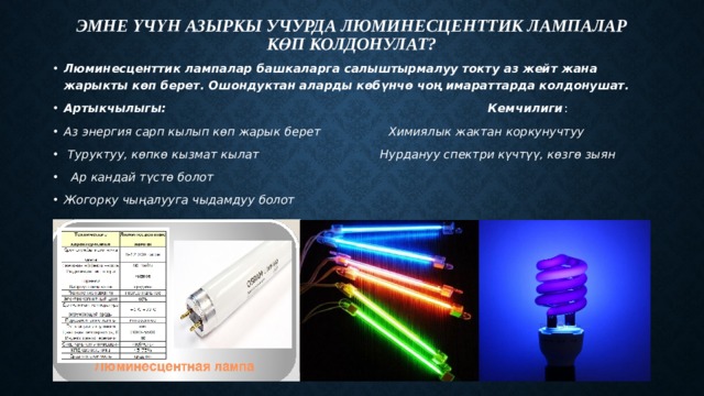Эмне үчүн азыркы учурда люминесценттик лампалар көп колдонулат?   Люминесценттик лампалар башкаларга салыштырмалуу токту аз жейт жана жарыкты көп берет. Ошондуктан аларды көбүнчө чоң имараттарда колдонушат. Артыкчылыгы: Кемчилиги : Аз энергия сарп кылып көп жарык берет Химиялык жактан коркунучтуу  Туруктуу, көпкө кызмат кылат Нурдануу спектри күчтүү, көзгө зыян  Ар кандай түстө болот Жогорку чыңалууга чыдамдуу болот 