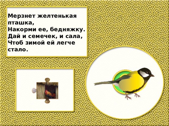 Мерзнет желтенькая пташка, Накорми ее, бедняжку. Дай и семечек, и сала, Чтоб зимой ей легче стало. 
