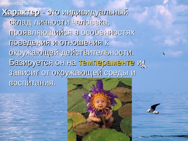 Характер - это индивидуальный склад личности человека, проявляющийся в особенностях поведения и отношения к окружающей действительности. Базируется он на темпераменте и зависит от окружающей среды и воспитания. 