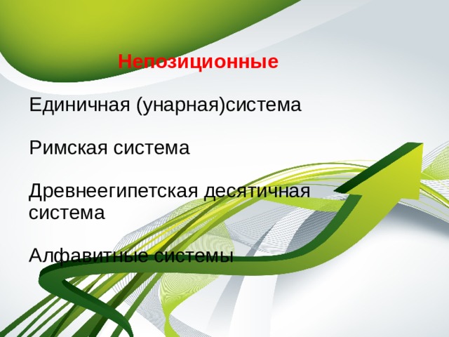 Непозиционные Единичная (унарная)система Римская система Древнеегипетская десятичная система Алфавитные системы 