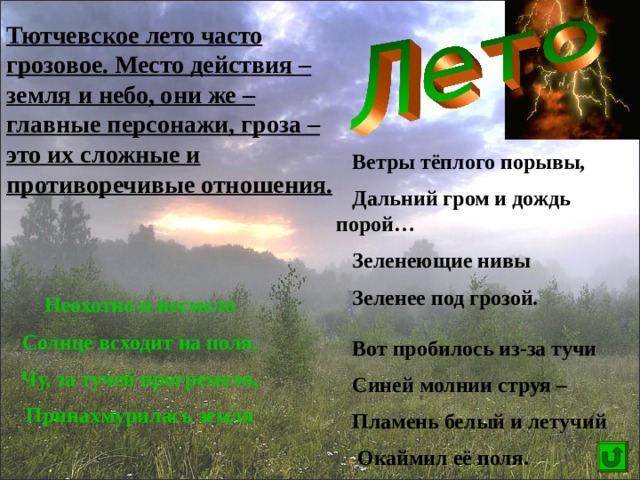 Тютчевское лето часто грозовое. Место действия – земля и небо, они же – главные персонажи, гроза – это их сложные и противоречивые отношения.   Ветры тёплого порывы,  Дальний гром и дождь порой…  Зеленеющие нивы  Зеленее под грозой.   Вот пробилось из-за тучи  Синей молнии струя –  Пламень белый и летучий  Окаймил её поля. Неохотно и несмело Солнце всходит на поля. Чу, за тучей прогремело, Принахмурилась земля 
