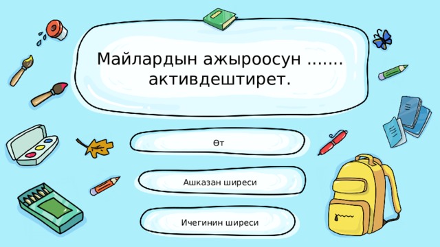 Майлардын ажыроосун ....... активдештирет. Өт Ашказан ширеси Ичегинин ширеси 