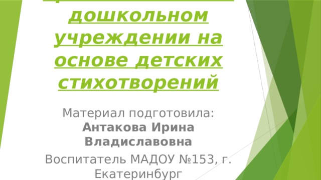 Преподавание правил гигиены в дошкольном учреждении на основе детских стихотворений Материал подготовила: Антакова Ирина Владиславовна Воспитатель МАДОУ №153, г. Екатеринбург 